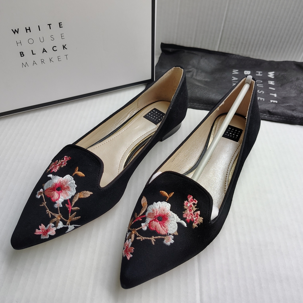 White House Black Market Black and Red Flats with Floral Embroidery